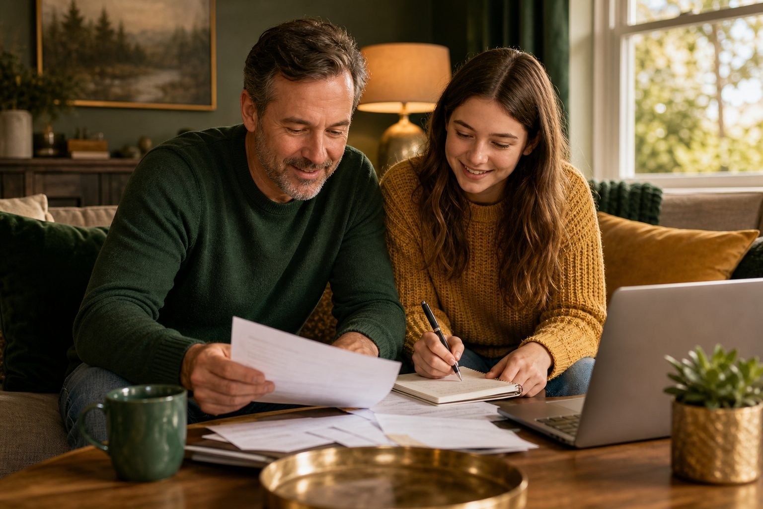 Père et fille faisant le point ensemble sur les factures du foyer